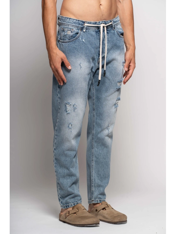 DRAWSTRING JEANS WITH RUPTURES