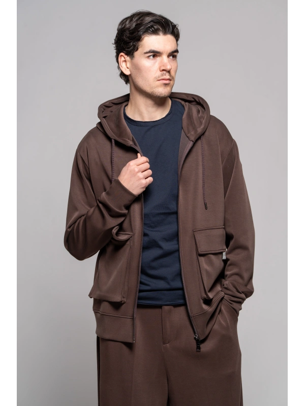 FELPA CAPPUCCIO ZIP MORO